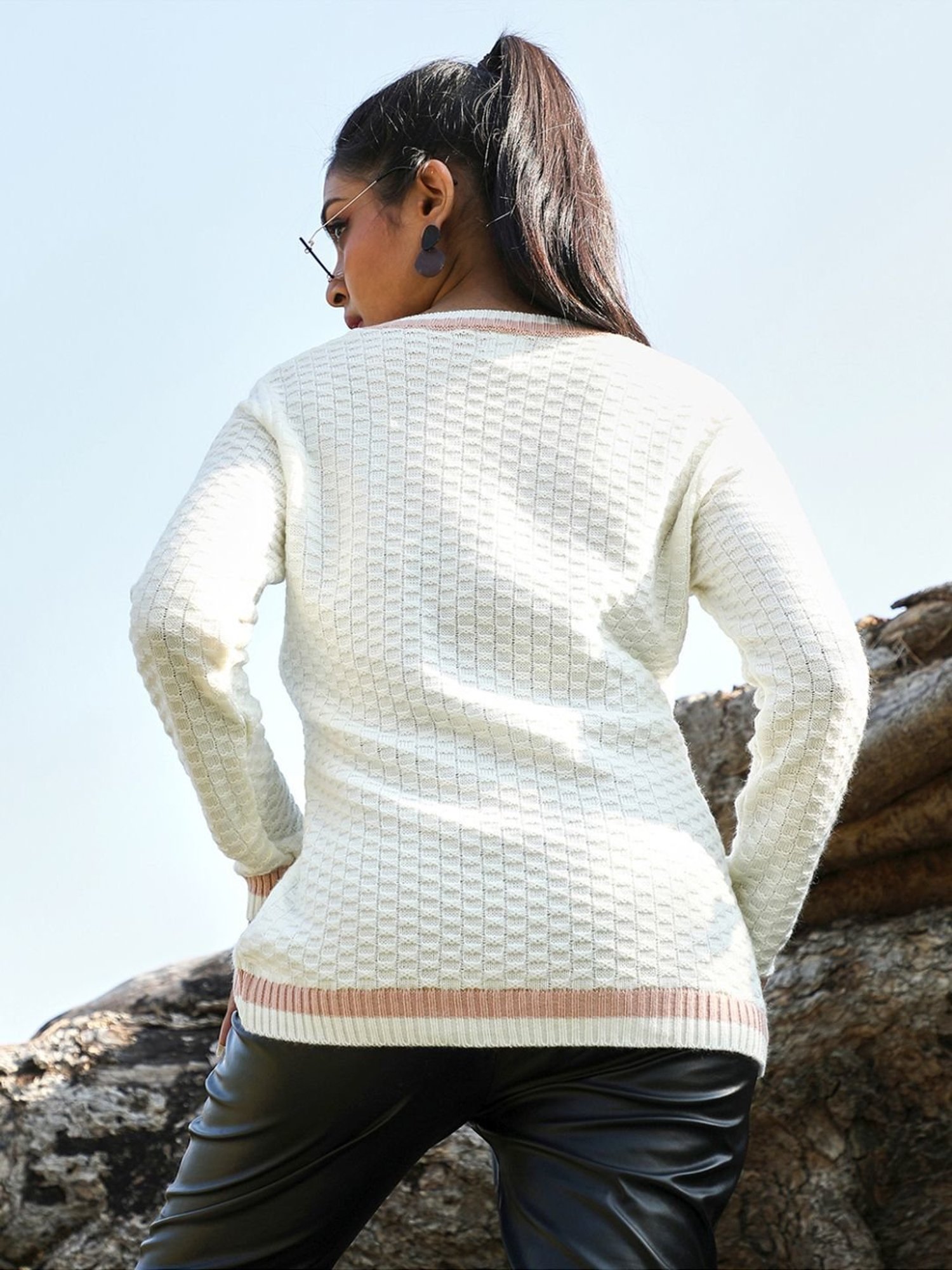 Campus Sutra White Full Sleeves Sweater