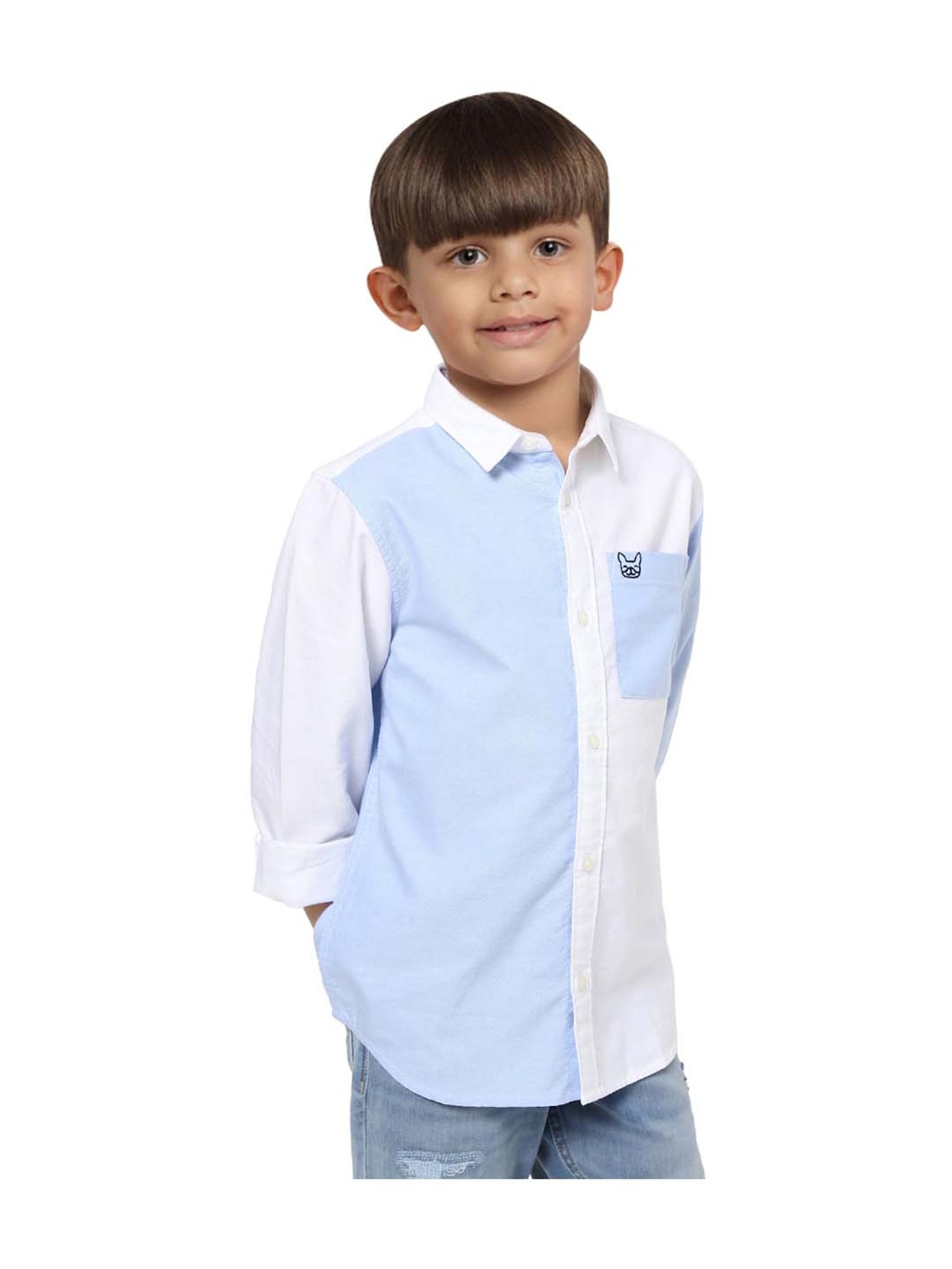 Jack & Jones Junior Boys White & Blue Cotton Color Block Print Shirt