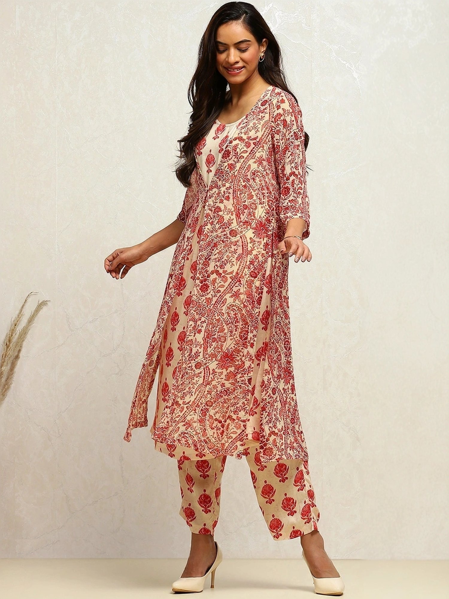 Biba Cream Printed Kurta Palazzo Set With Shrug