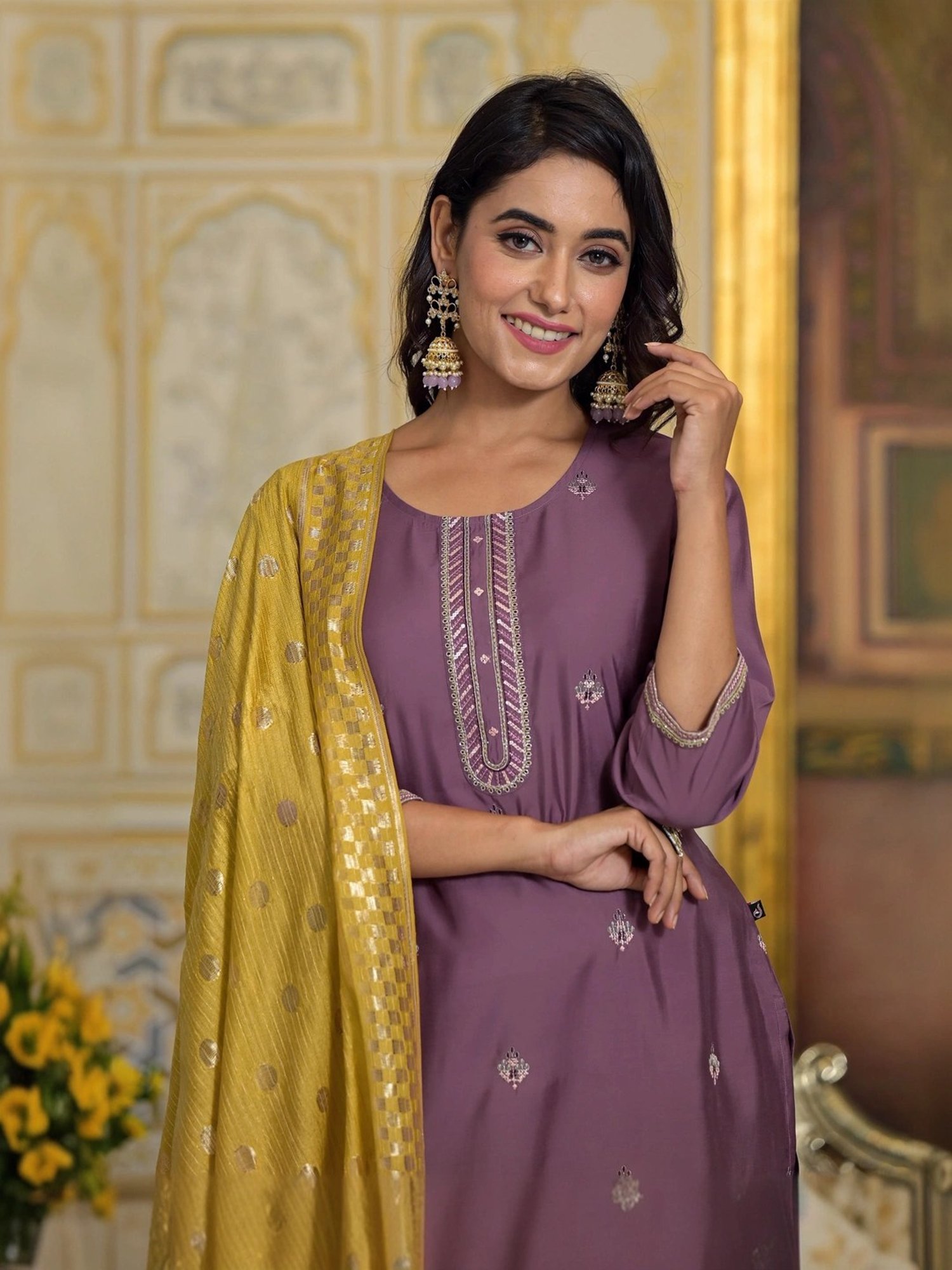 Juniper Purple Embroidered Kurta Pant Set With Dupatta