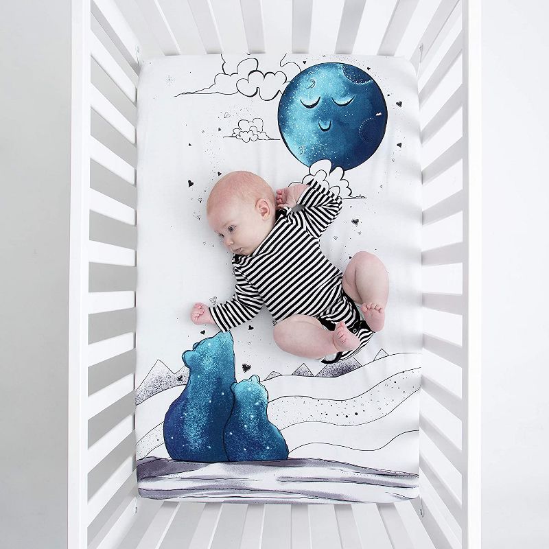 JumpOff Jo Fitted Mini Crib Sheet, Cotton Crib Sheet for Miniature Sized Crib Mattresses, Hypoallergenic and Breathable, 24" x 38", Mama Bear Blue