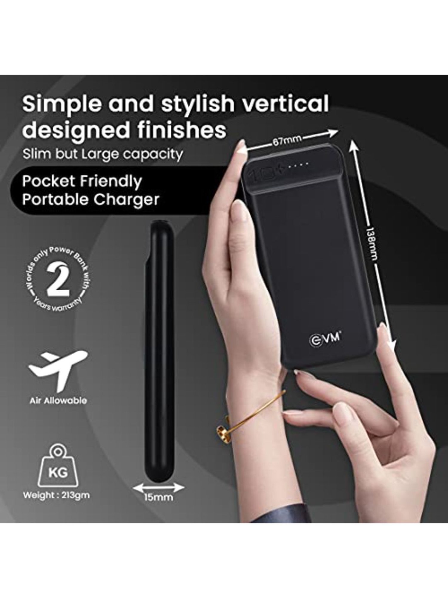 EVM Encharge Lithium-Polymer Power Bank 10000mAh with Micro USB Cable (Black)