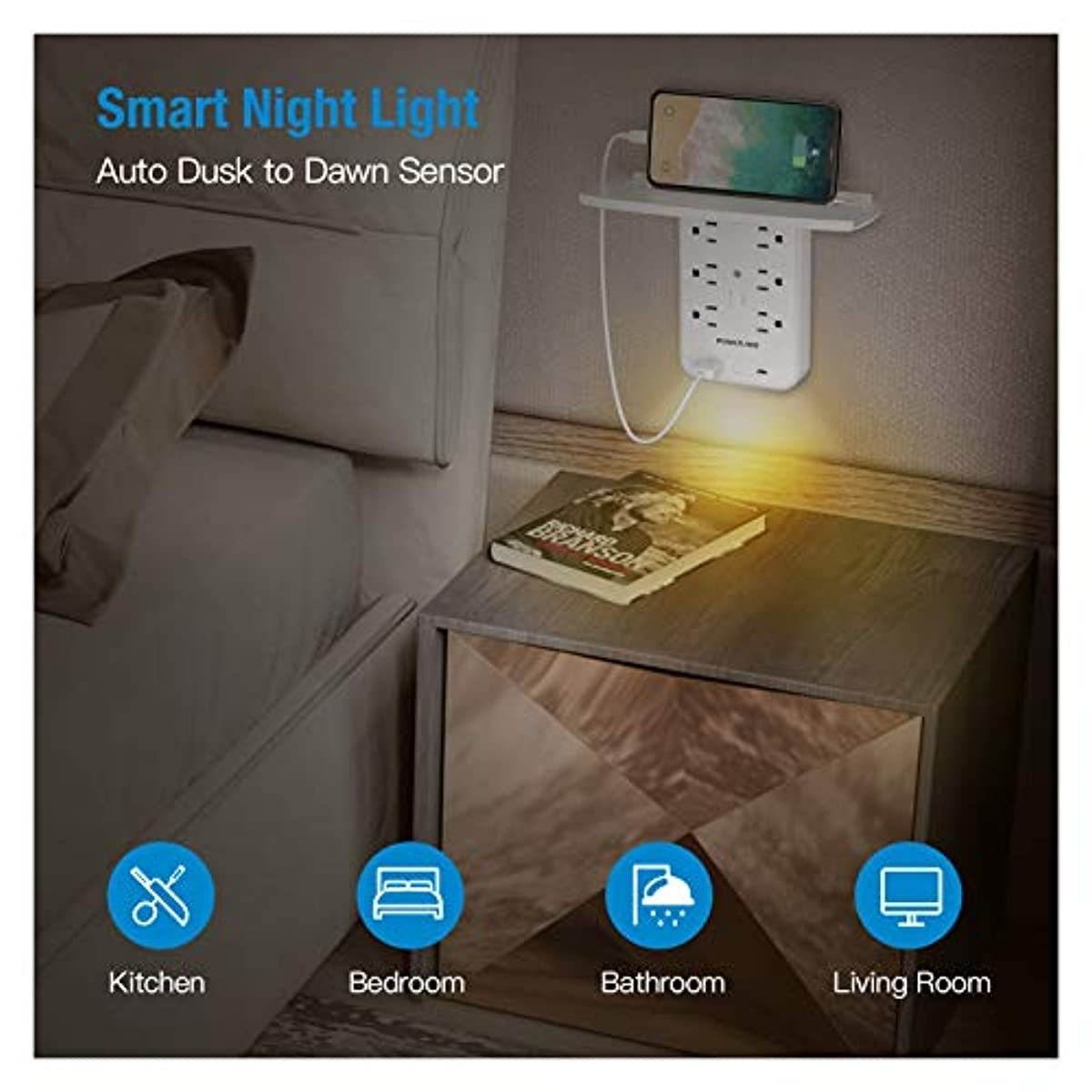 Socket Shelf Wall Outlet, POWERADD 6 Outlet Extender Surge Protector with USB C PD 18W, 1875W 1700J, Multi Plug Outlet with Removable Shelf and Smart Night Light for Bathroom/Home/Dorm