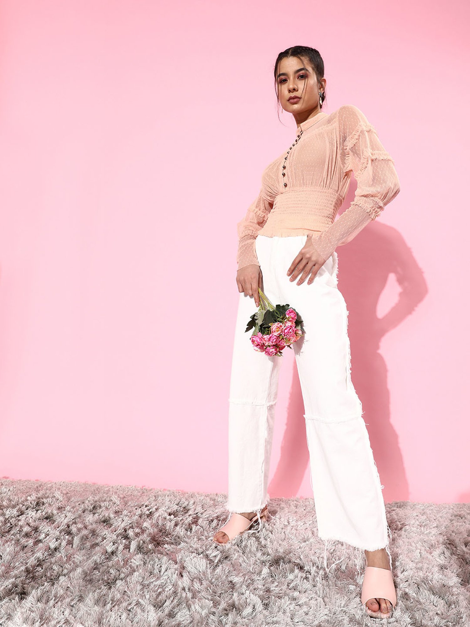 QUIERO Peach Self Design Top