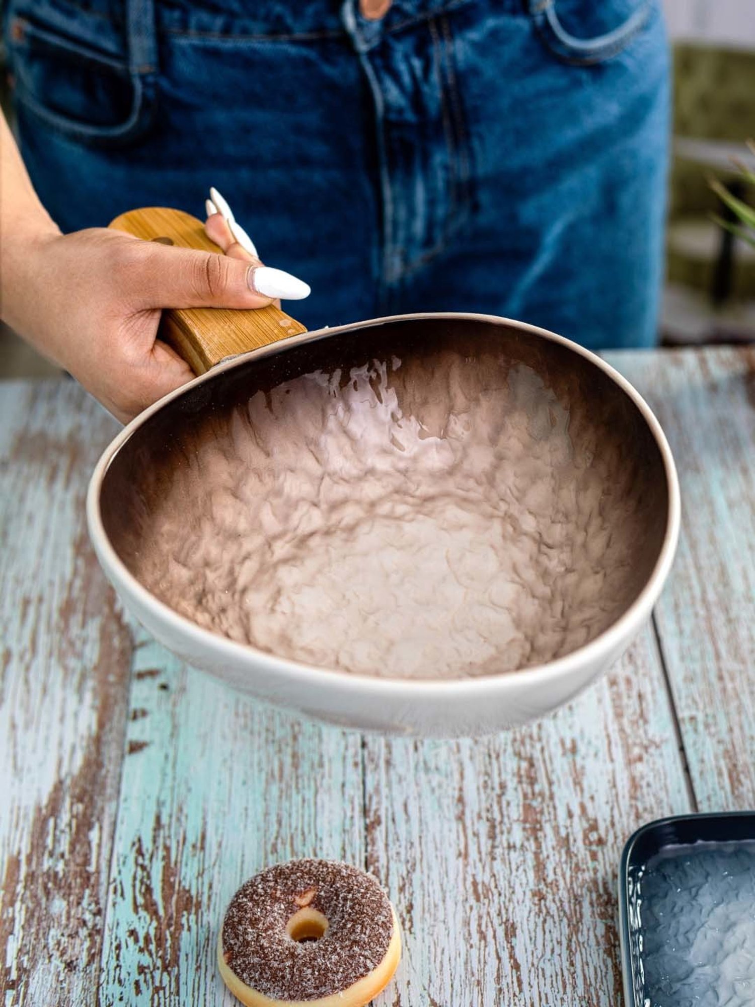 White Gold White & Brown Porcelain Serving Bowl With Wooden Handle
