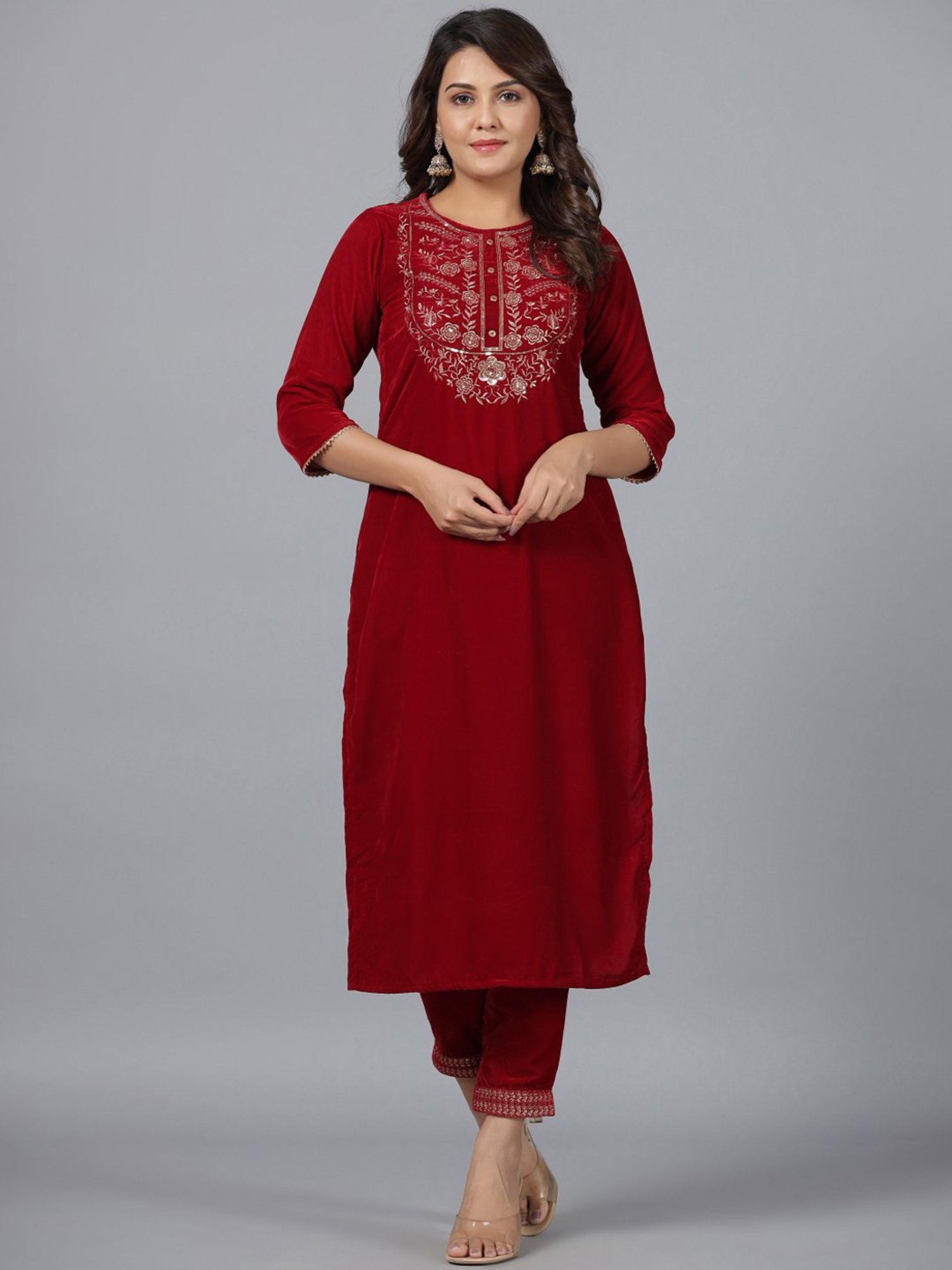 Juniper Maroon Velvet Embroidered Kurta & Pants Set with Zari & Sequences