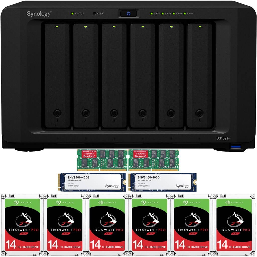 Synology DS1621+ DiskStation with 32GB RAM and 72TB (6 x 12TB) of Seagate Ironwolf PRO NAS Drives and 800GB (2x400GB) NVME Cache Fully Assembled and Tested By CustomTechSales