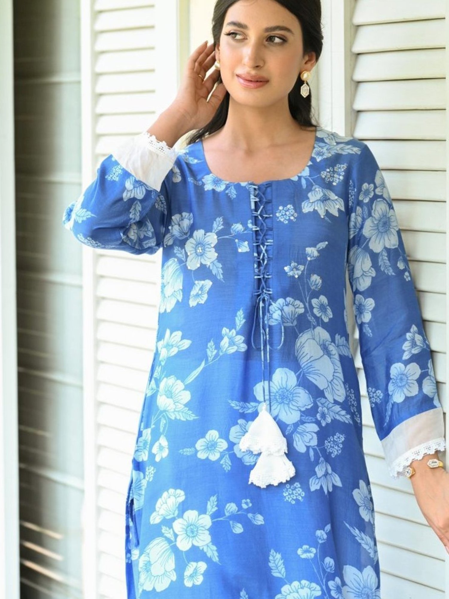 Mahee Jaipur Blue Bloom Muslin Kurti with Pant