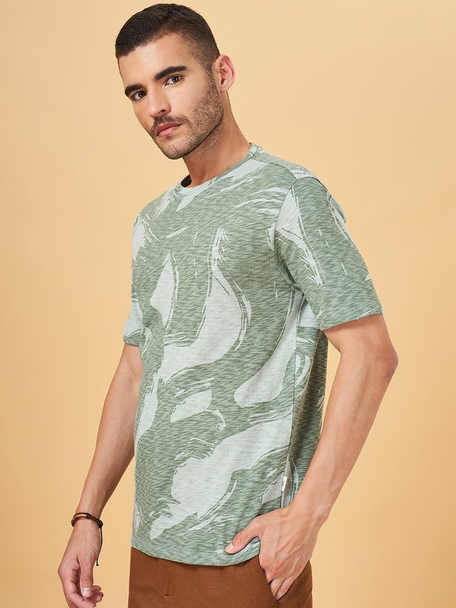7 Alt by Pantaloons Sage Green Cotton Relaxed Fit Printed T-Shirt