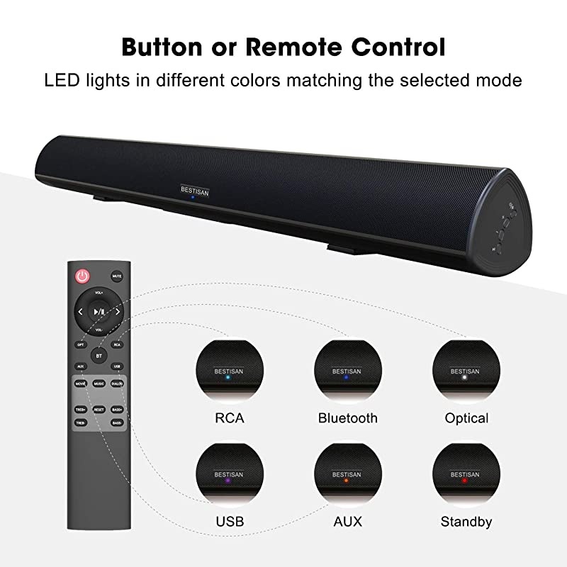 Bar, Bestisan 80W Home Theater bar System with IR Remote Function, Wired and Wireless Bluetooth 5.0 Audio Speaker (Treble/Bass Adjustable,34-Inch, 2019 Beef Up Version)