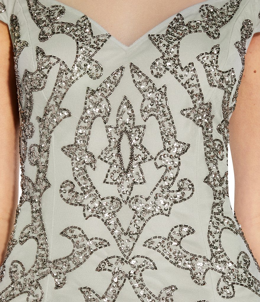 Adrianna Papell Illusion Crew Neck Cap Sleeve Beaded Cocktail Dress