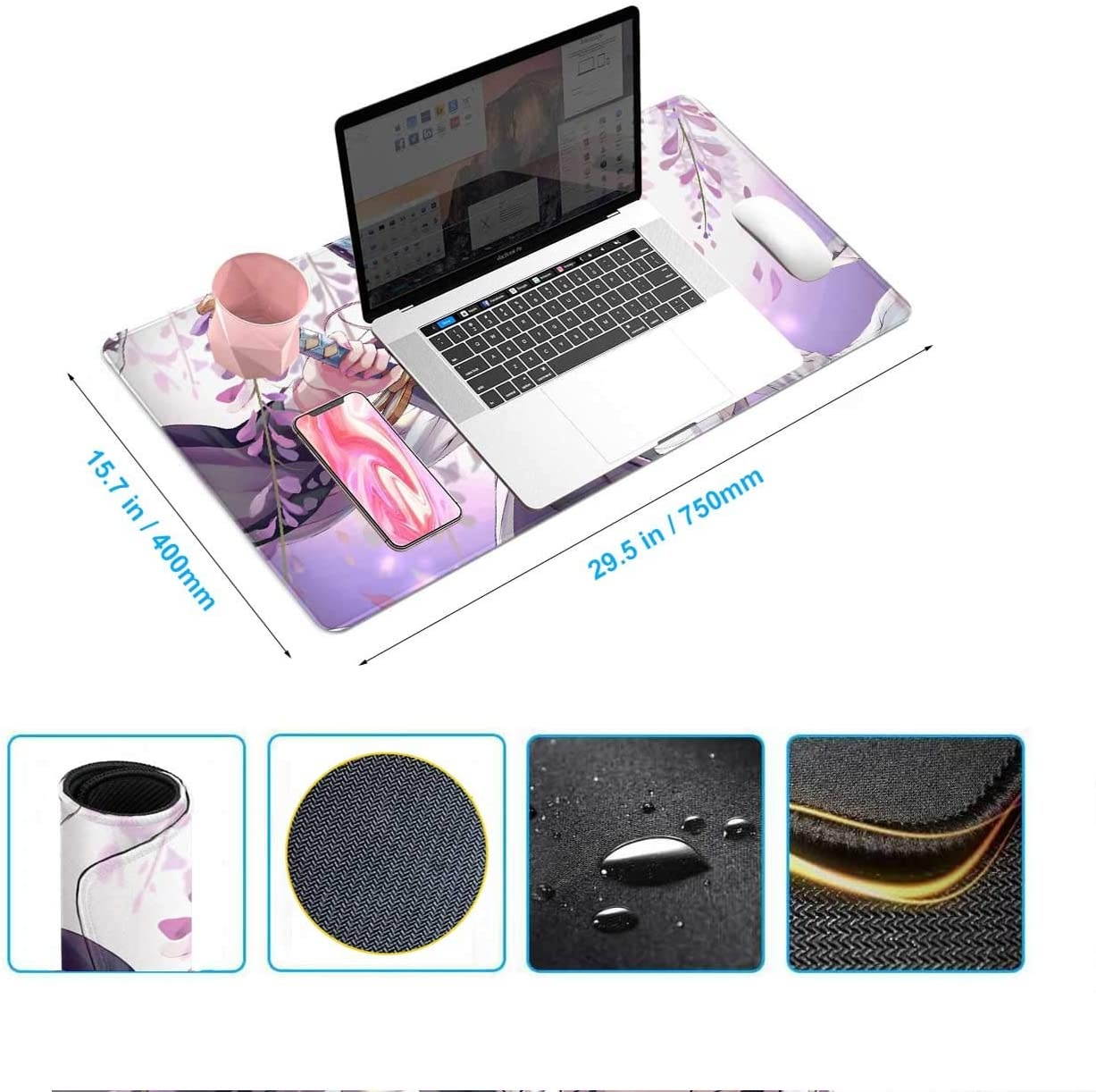 Mouse Pad Anime Demon Slayer Shinobu Kocho Katana Insect Pillar Kimetsu,Laptop Desk Pad,Mousepad with Stitched Edge Frame & Non-Slip Rubber Base,Computer Keyboard and Mice Pads Mouse Mat 29.5x15.7