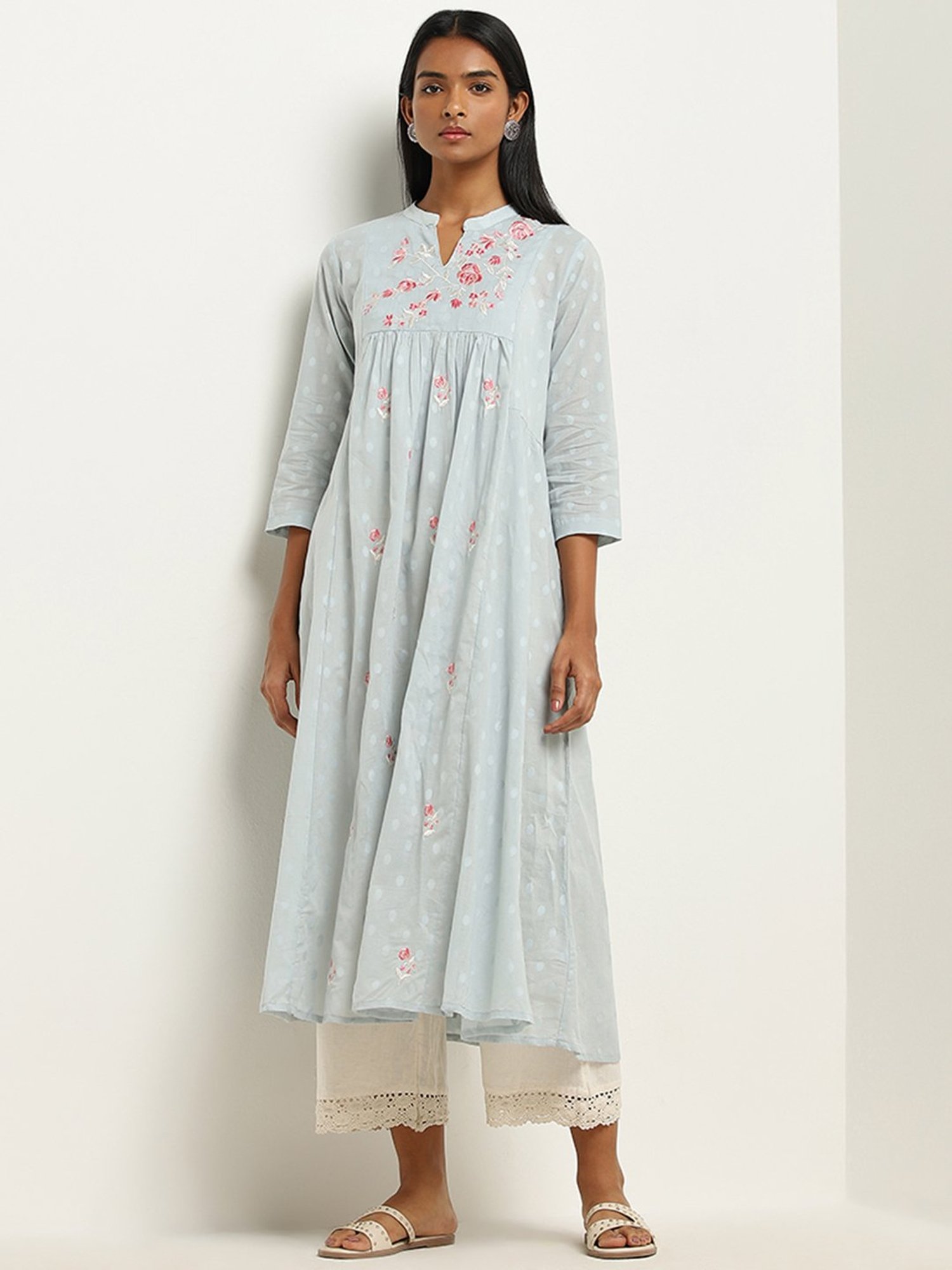 Utsa by Westside Light Blue Floral Embroidered A-Line Cotton Kurta