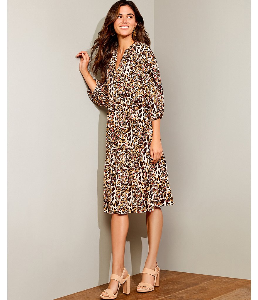 Gibson & Latimer Animal Print Mandarin Collar V-Neck Tier Peasant Dress