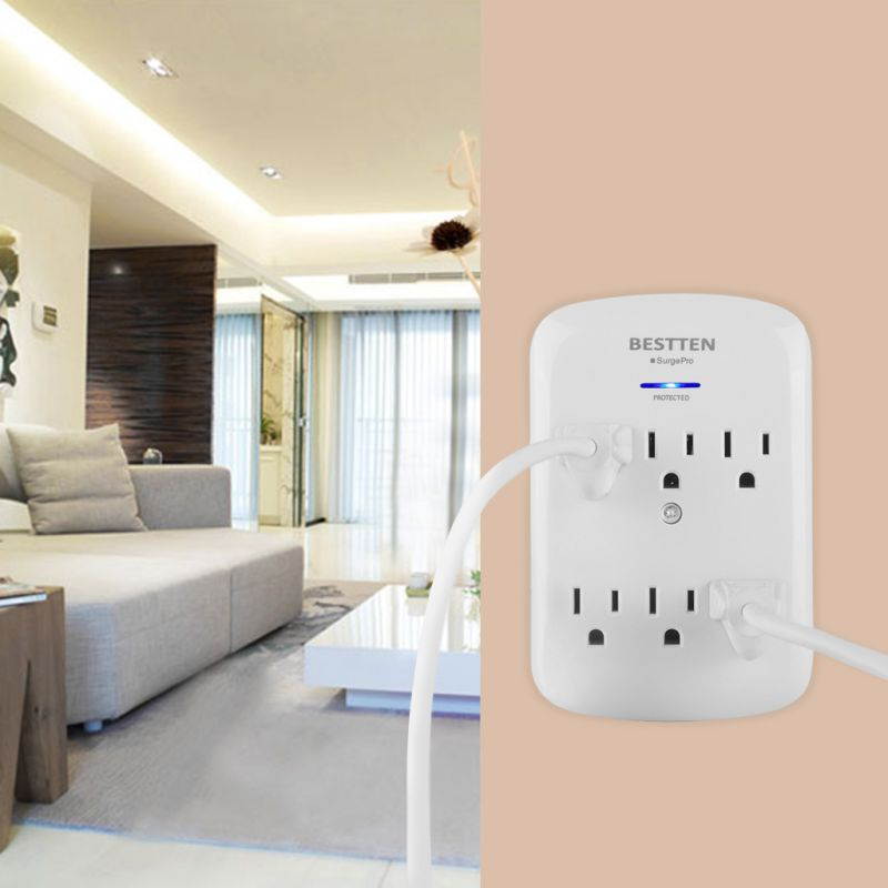 [4 Pack] BESTTEN 6-Outlet Grounded Wall Tap Adapter Outlet Extender with Blue Indicator, 300 Joule Surge Protector, ETL Certified, White