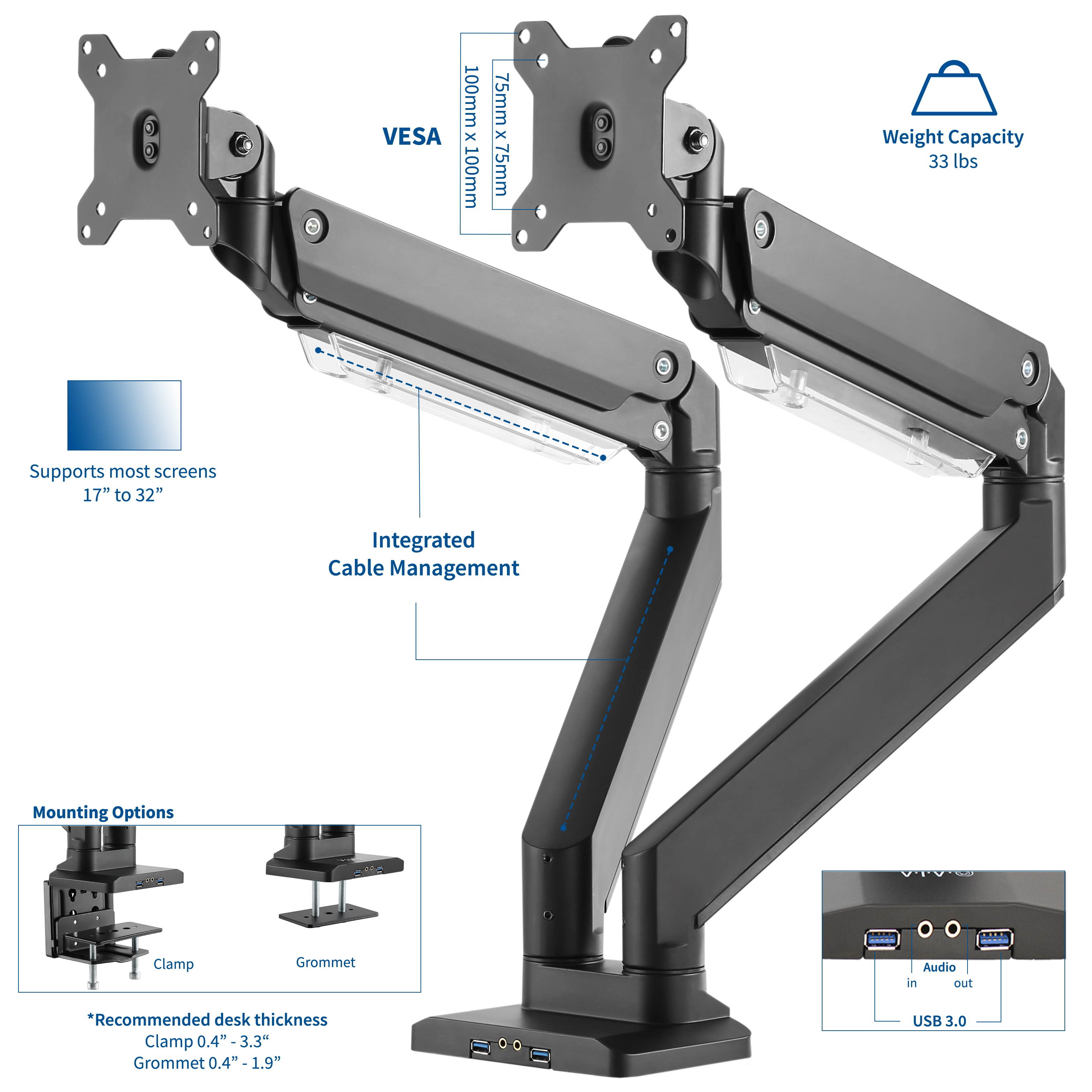 VIVO Dual Monitor Counterbalance Desk Mount Stand w/ USB & Multi Media Ports | Fits Screens up to 32" (STAND-V102G2U)