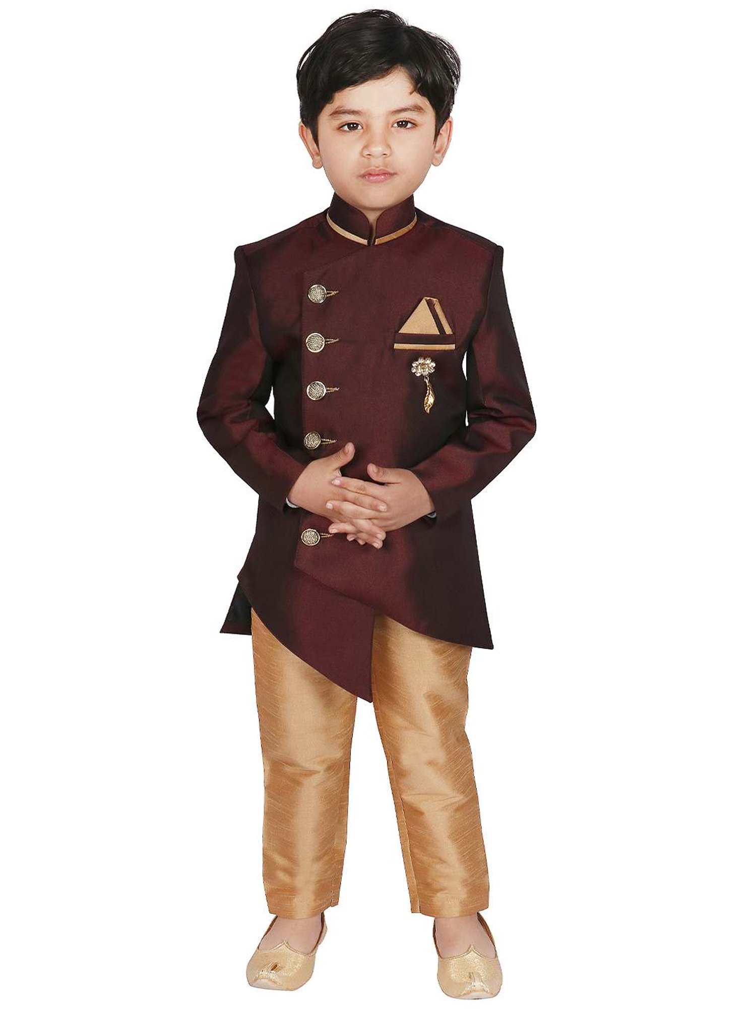 SG Yuvraj Kids Brown & Maroon Solid Sherwani with Pyjama