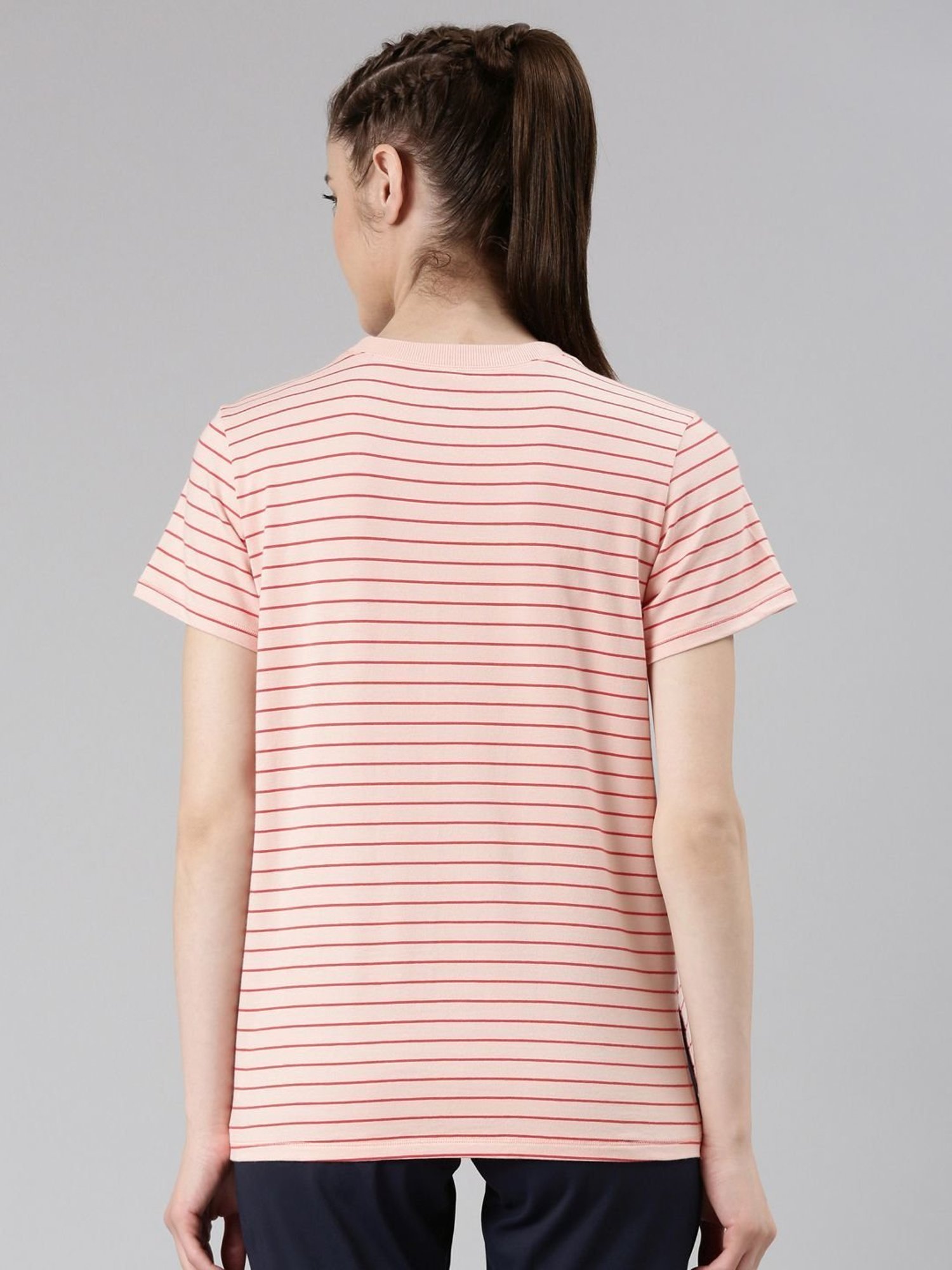 Enamor Salmon Pink Cotton Striped Sports T-Shirt