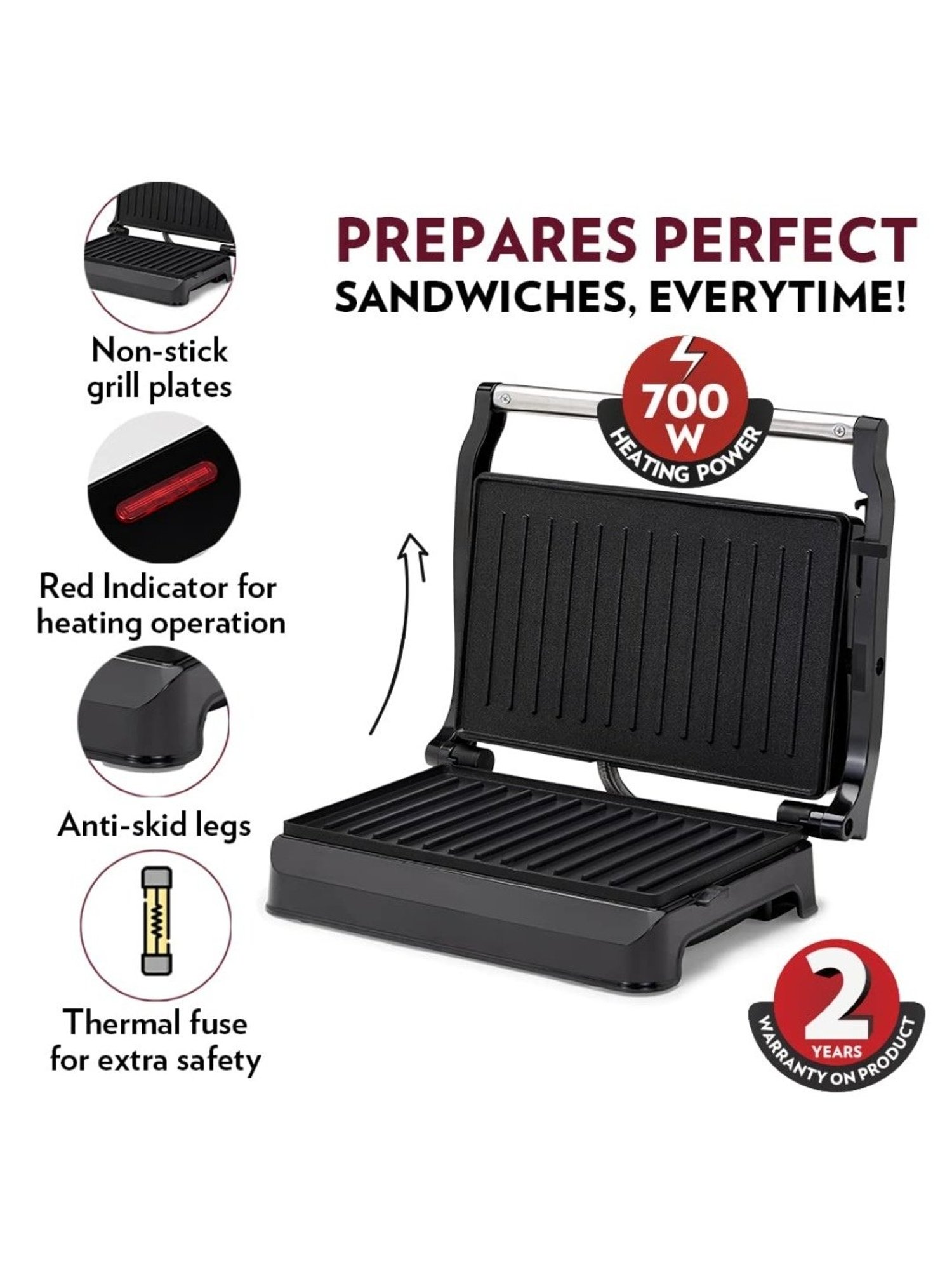 Borosil Sandwich Maker 700W Non Stick Coating (Black)