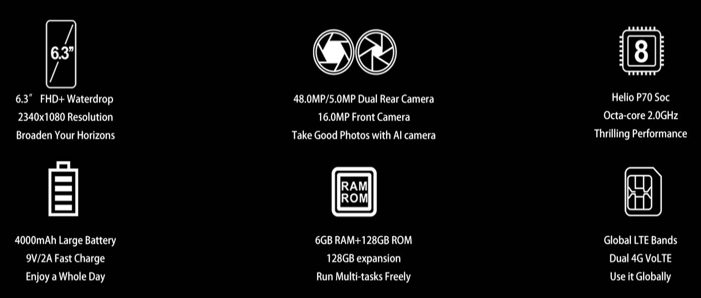 OUKITEL Y4800 (2019) telefono Desbloqueado, camara AI de 48MP + 5MP + 16MP, telefono Inteligente Android 9.0 Dual SIM 4G, 6.3 Pulgadas, 6GB RAM + 128GB ROM, bateria de 4000mAh
