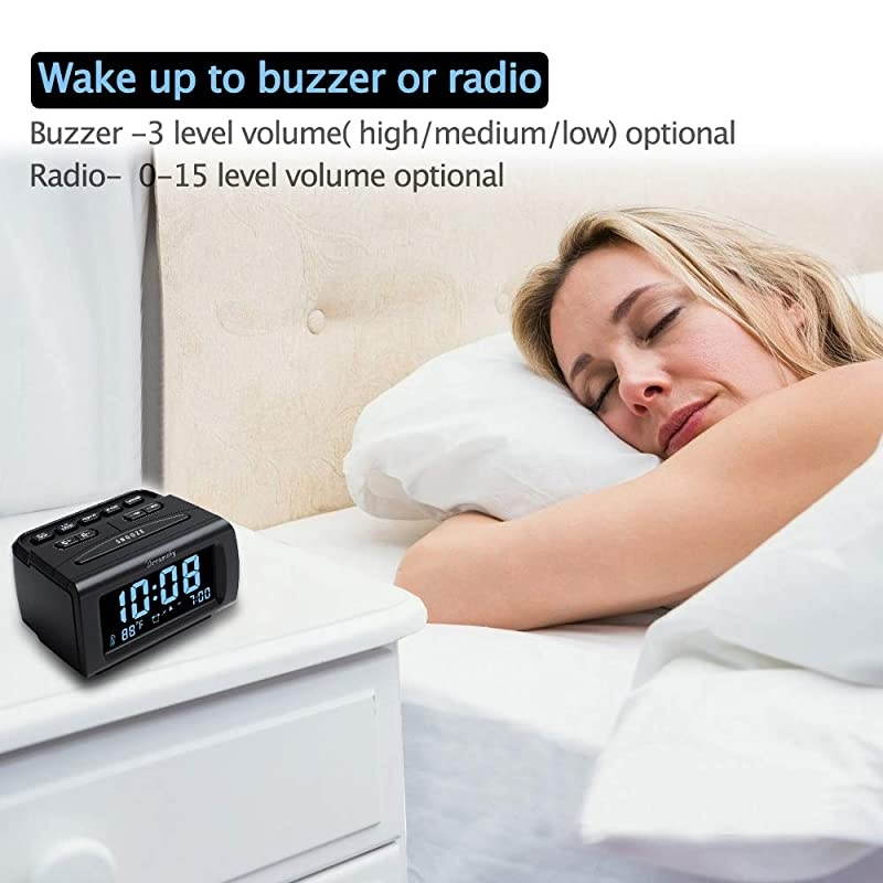 Decent Alarm Clock Radio with FM Radio USB Port for Charging 12 Inch Blue Digit Display with Dimmer Temperature Display Snooze Adjustable Alarm Volume Sleep Timer