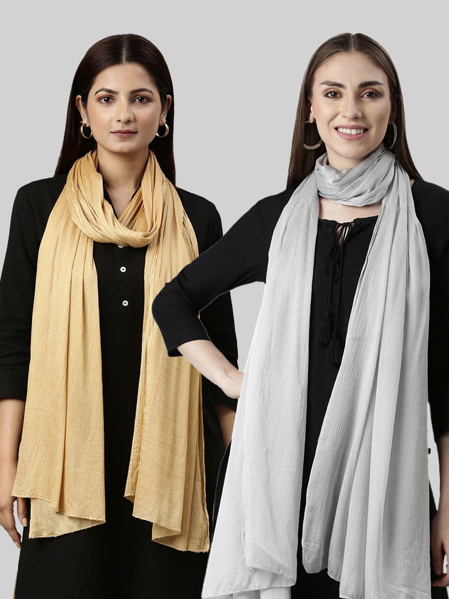 TWIN BIRDS Golden & Silver Plain Dupatta - Pack Of 2