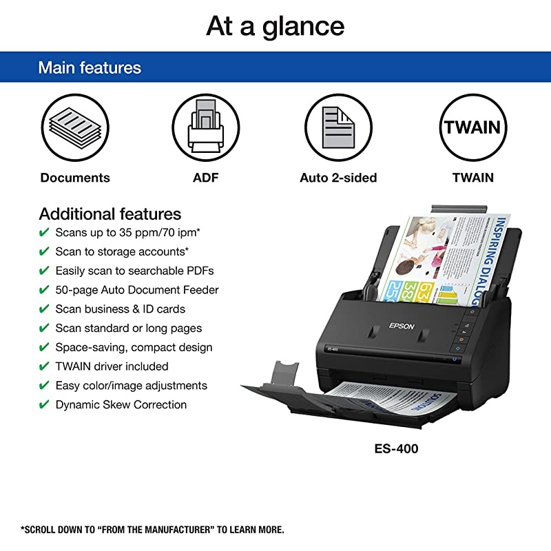 WorkForce ES-400 Color Duplex Document Scanner for PC and Mac, Auto Document Feeder (ADF)