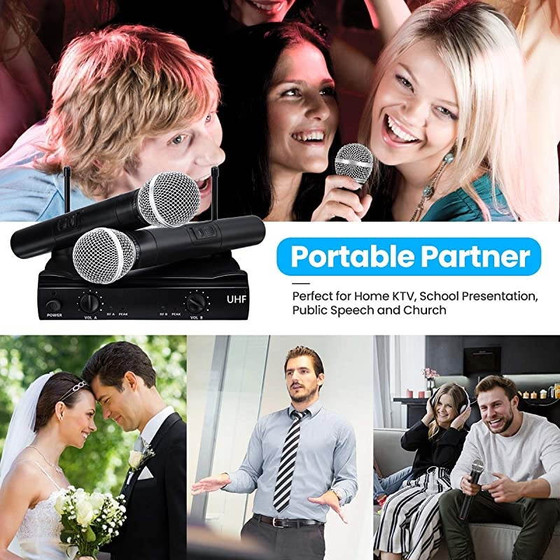 UHF Wireless Microphone System  Dual Channel Handheld Wireless Microphone with Professional Karaoke Receiver and 2 Handheld Dynamic Mics Set for Home Party KTV Meeting Wedding Church