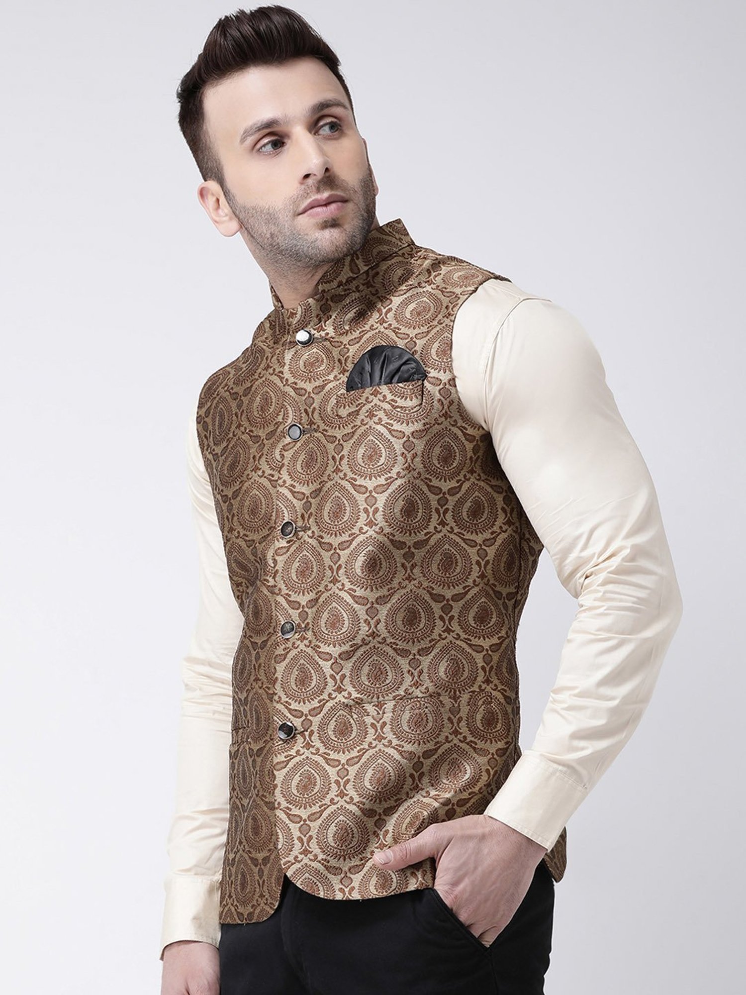 Hangup Plus Brown Regular Fit Jacquard Nehru Jacket