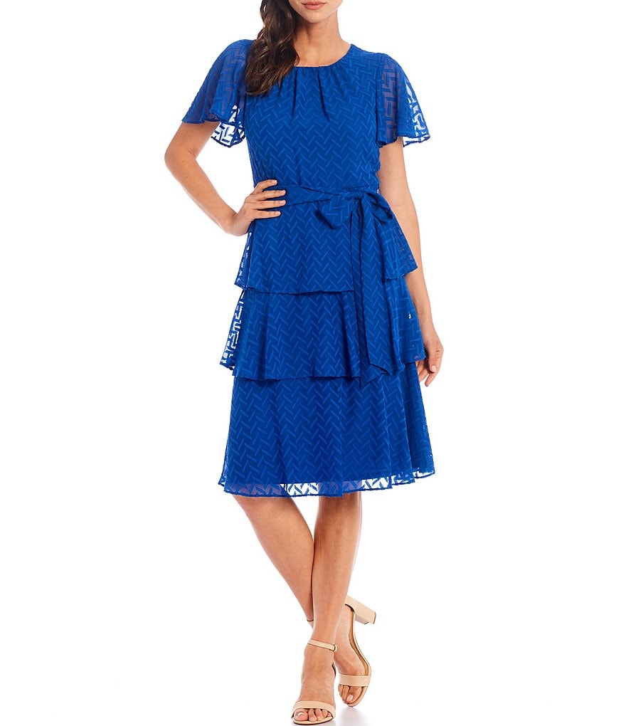 Jessica Howard Petite Size Crew Neck Short Sleeve Burnout Chiffon Tiered Dress
