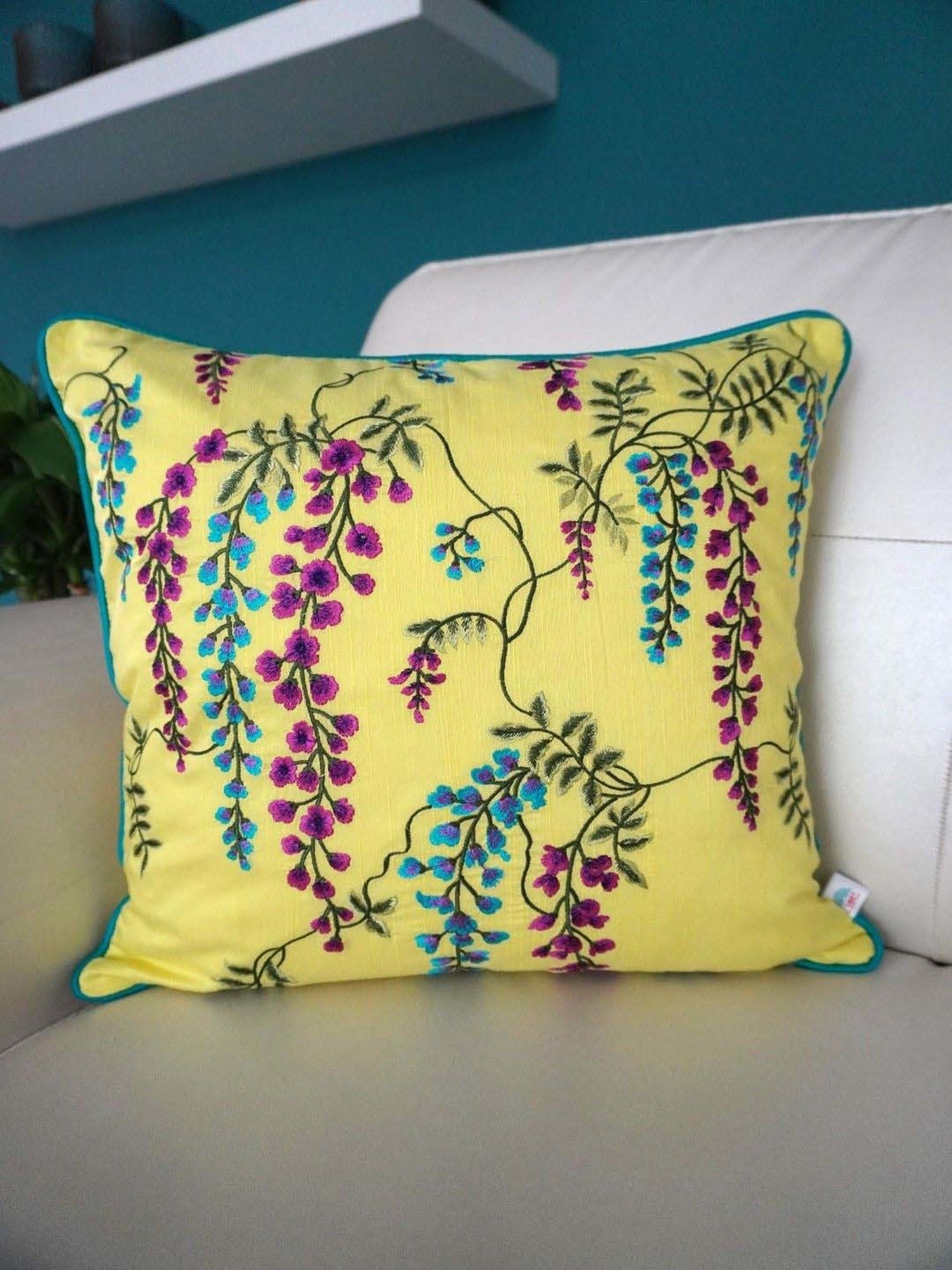 TARA Sparkling Homes Wisteria Yellow Cotton Cushion Cover - Set of 2
