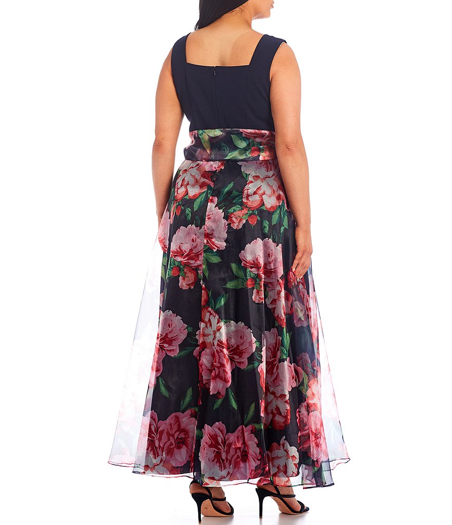 Eliza J Plus Size Square Neck Sleeveless Floral Print Bow Waist Detail Organza Ball Gown