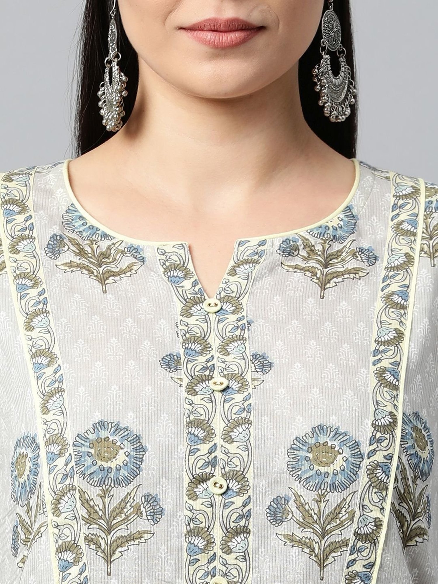 Kami Kubi Grey Floral Print Straight Kurta
