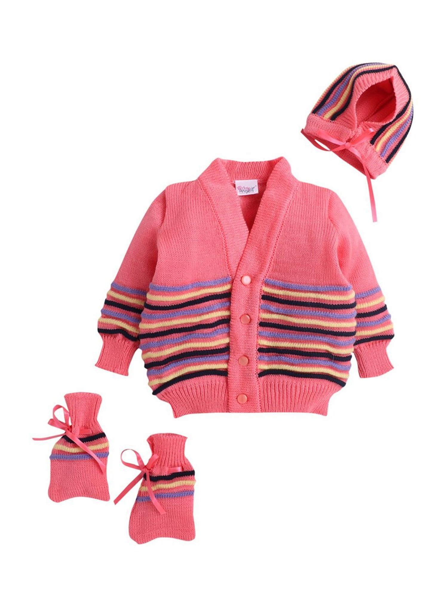 Little Angels Kids Pink & Black Striped Full Sleeves Sweater Set