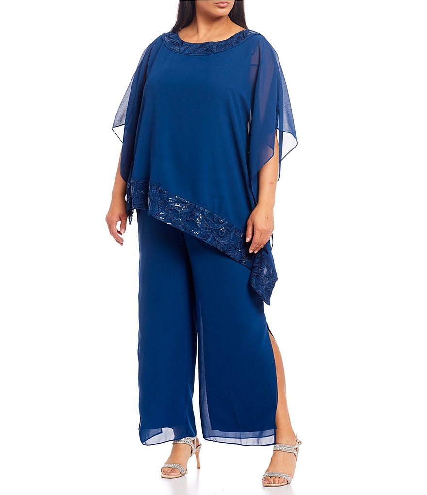 Le Bos Plus Size Round Neck 3/4 Sleeve Embroidered Trim Two-Piece Georgette Pant Set