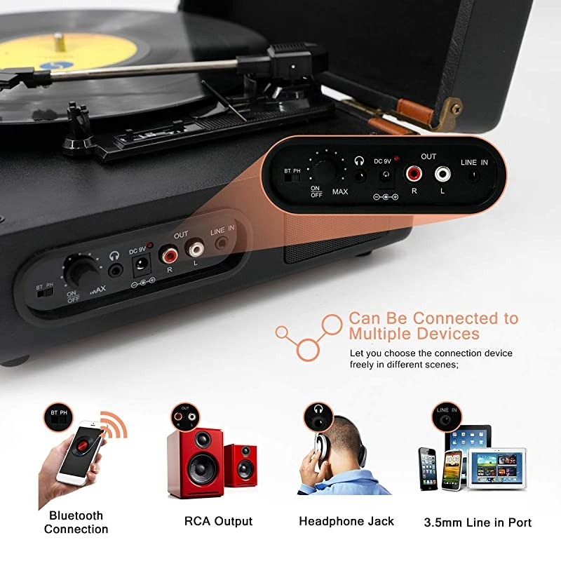 Bluetooth Turntable with Stereo Speakers3 Speed Vinyl Record Player Supporting Wireless Connection Retro Black