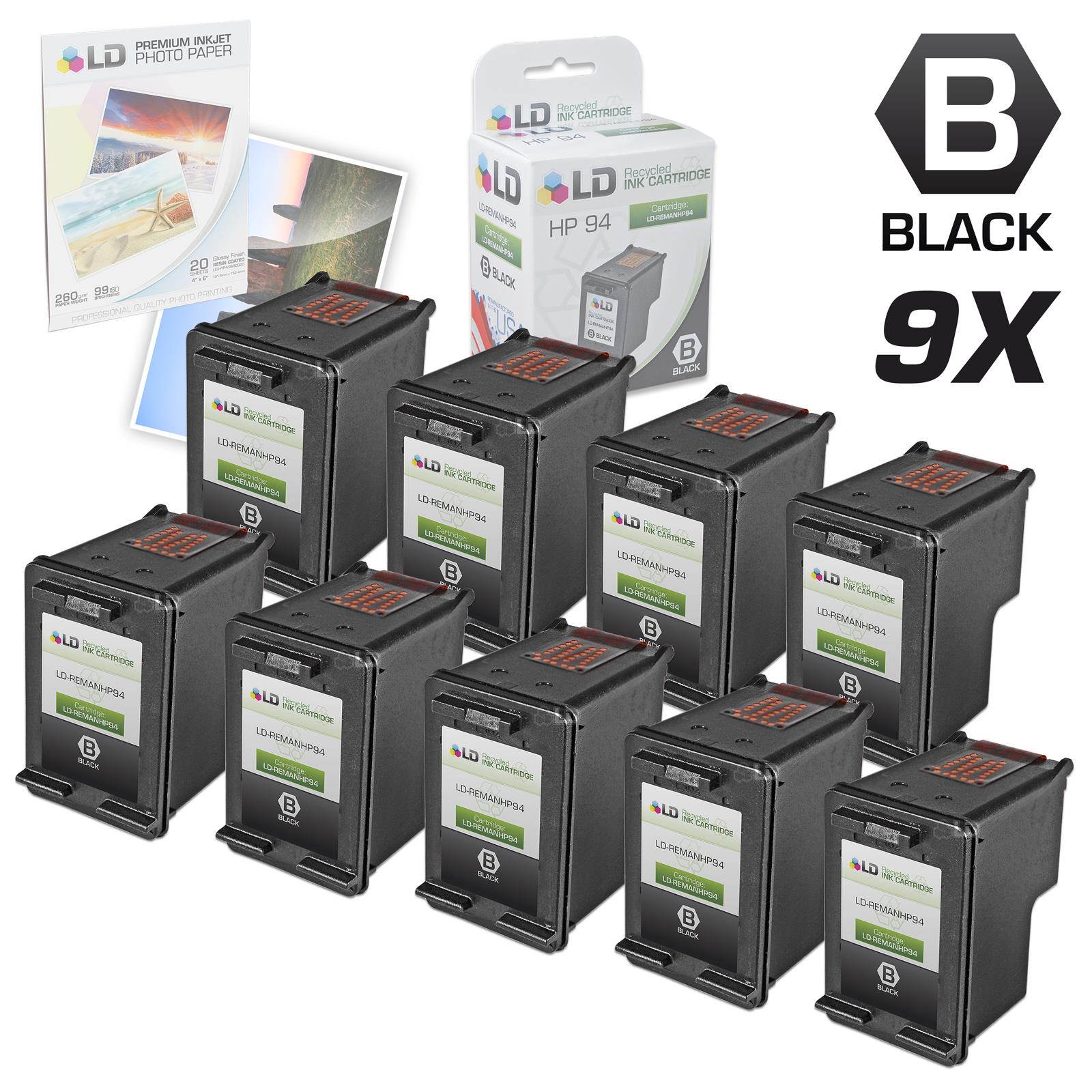 LD &copy; Remanufactured Replacement Ink Cartridge for Hewlett Packard C8765WN (HP 94) Black (9 Pack) + Free 20 Pack of Brand 4x6 Photo Paper