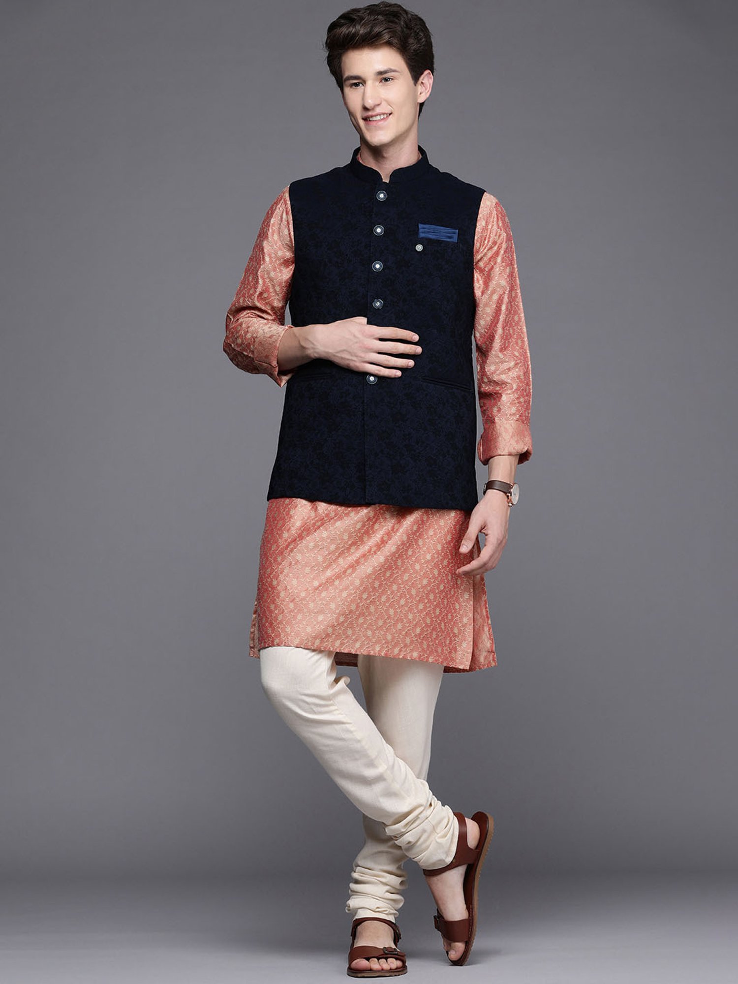 Manyavar Blue Regular Fit Self Design Nehru Jacket