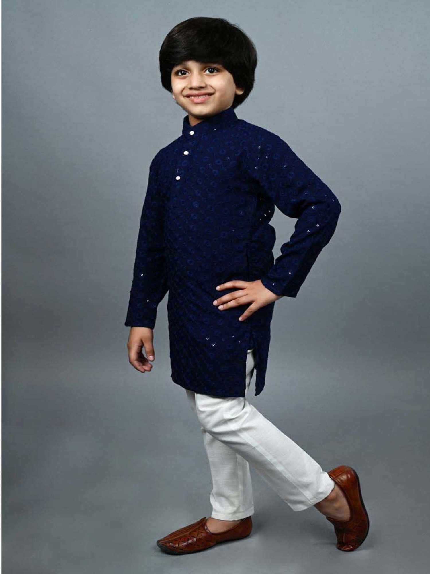 Ahhaaaa Kids Blue & White Cotton Embroidered Full Sleeves Kurta Set