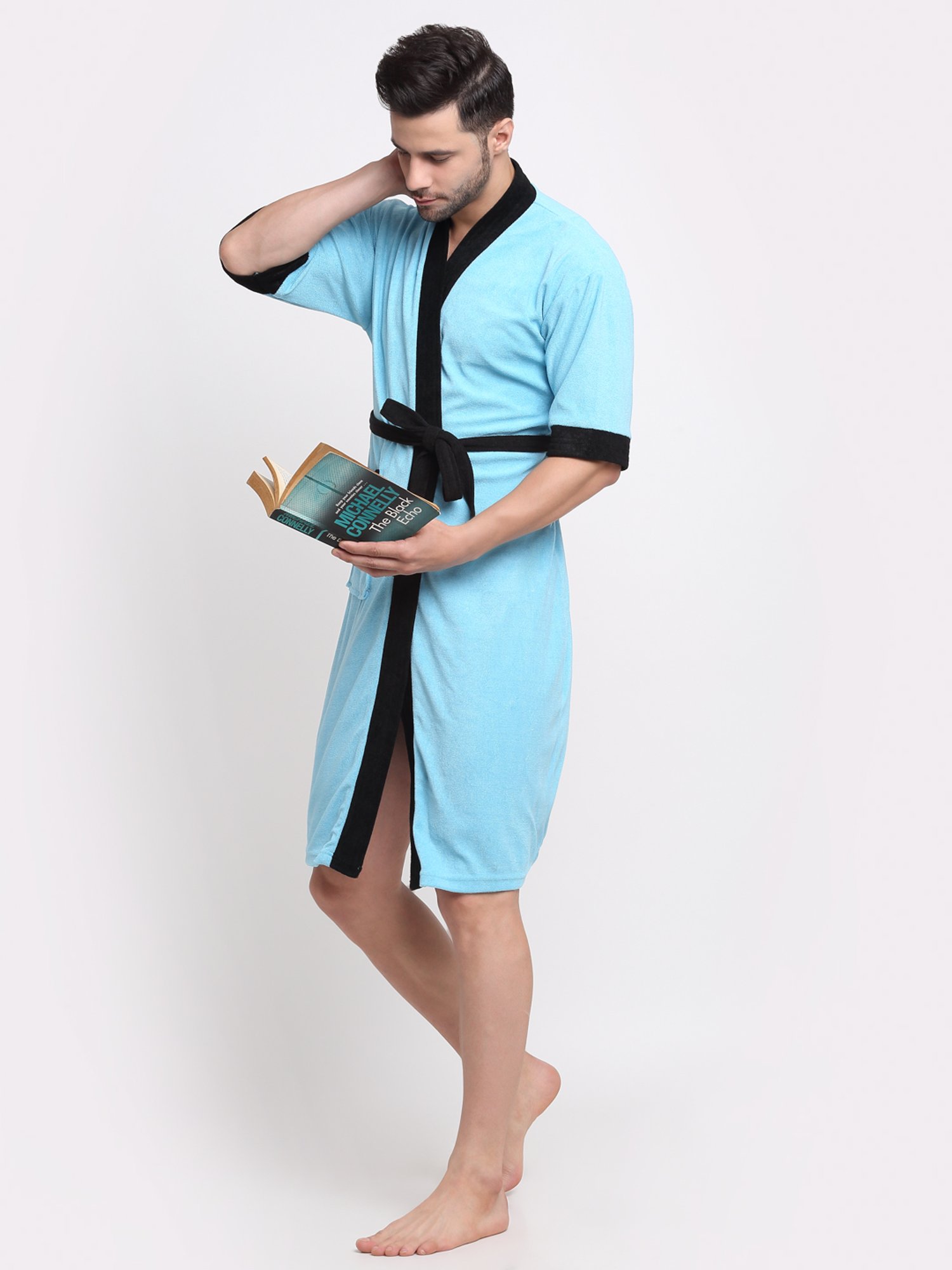 Creeva Everyday Ocean Blue & Black 225 GSM Micro Terry Bathrobe with Front Pocket & Kimono Collar