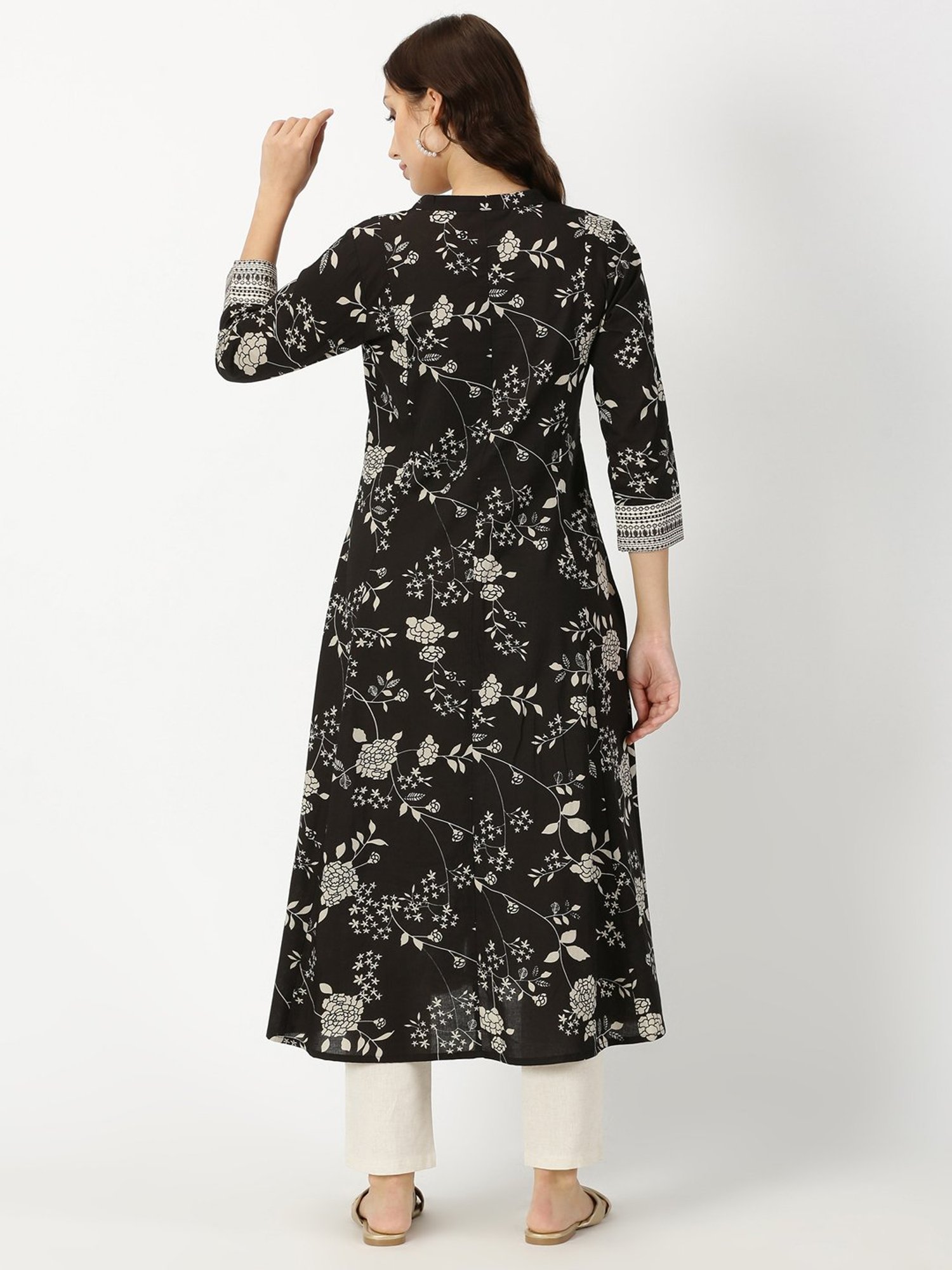Saffron Threads Black Floral Print A Line Kurta