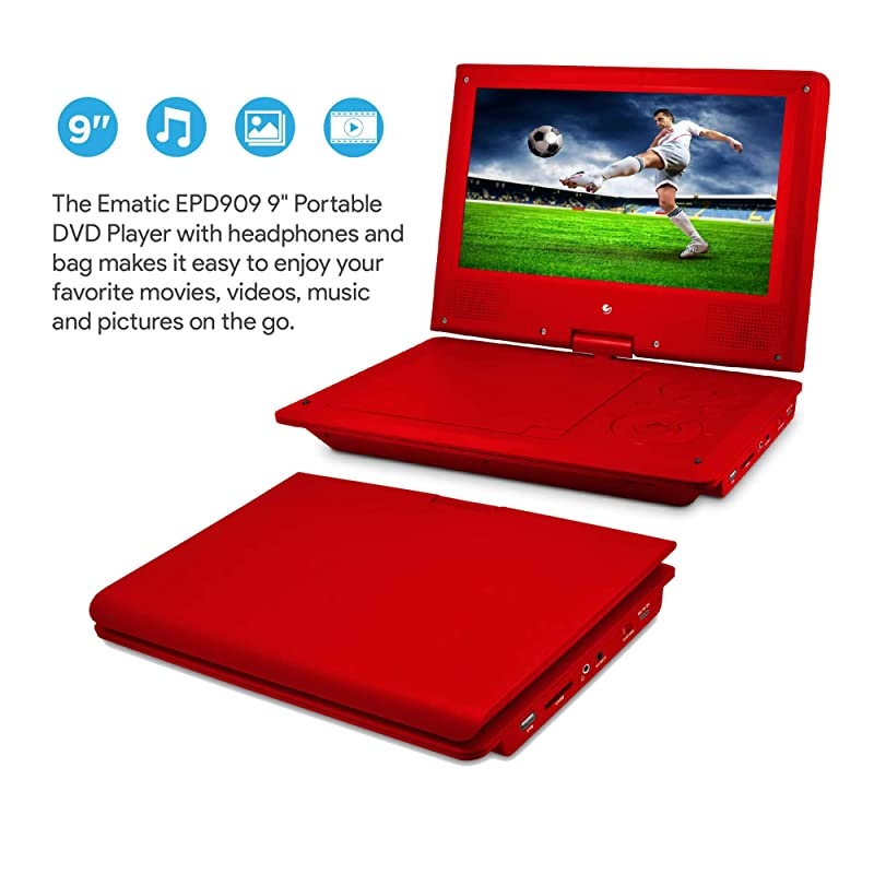 9" Portable DVD Player with Matching Headphones and Bag - EPD909rd