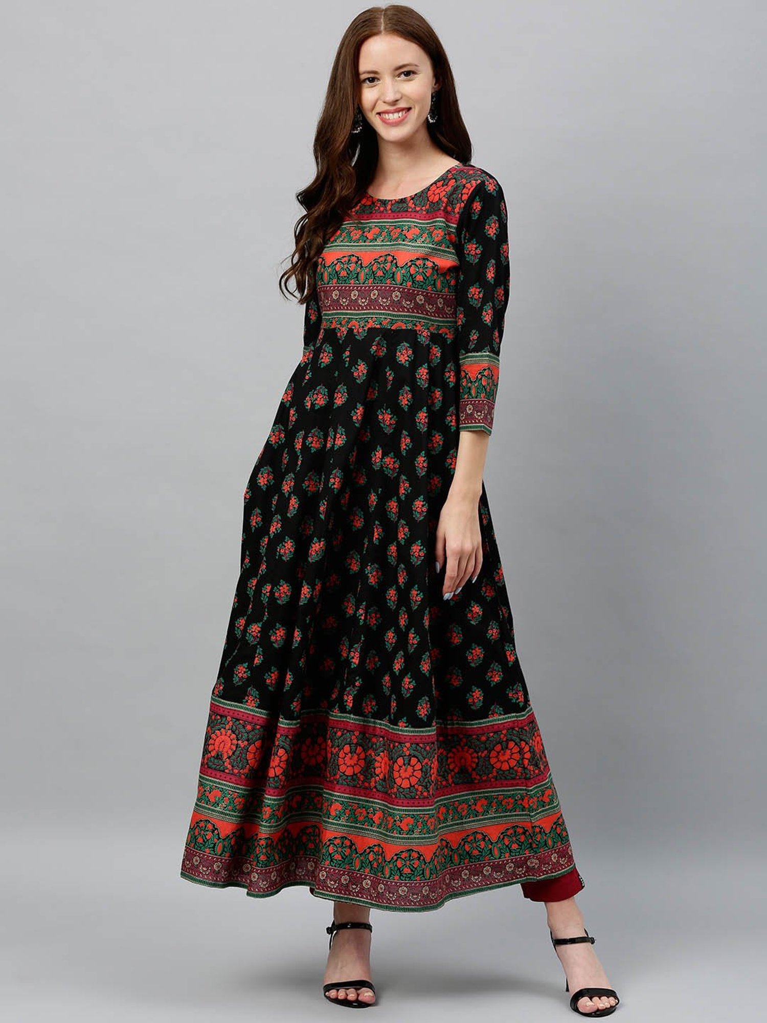 Kipek Black Cotton Printed Anarkali Kurta