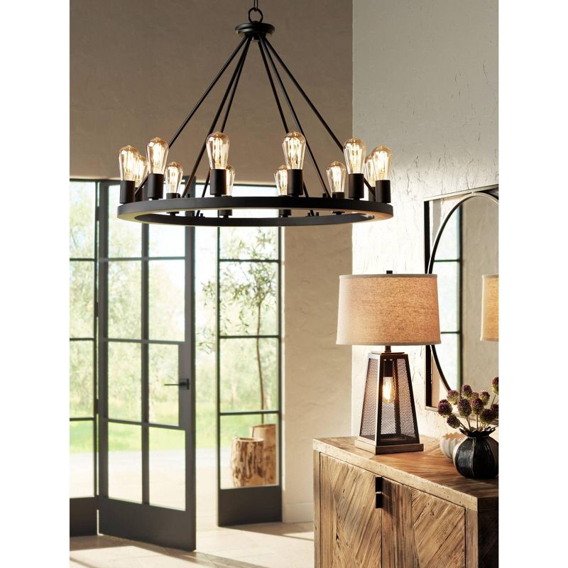 Franklin Iron Works Industrial Artisan Table Lamp with Nightlight LED USB Port Metal Mesh Burlap Shade for Living Room Bedroom