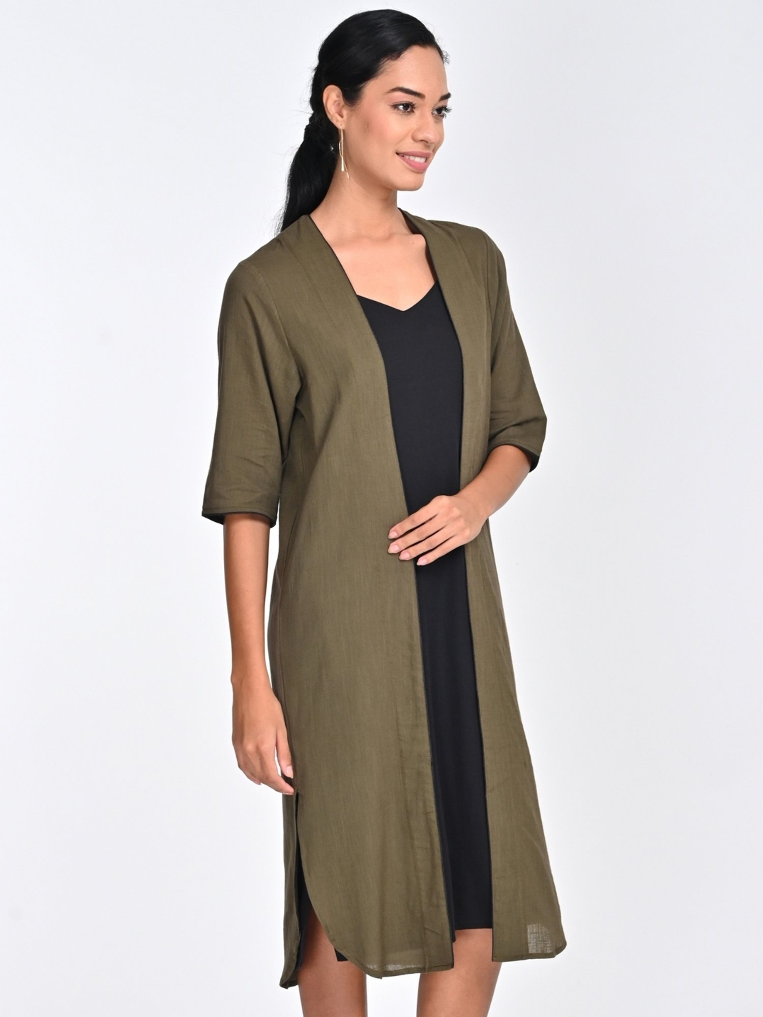 Saltpetre Women Olive with Black Piping Open Front Long Overlay