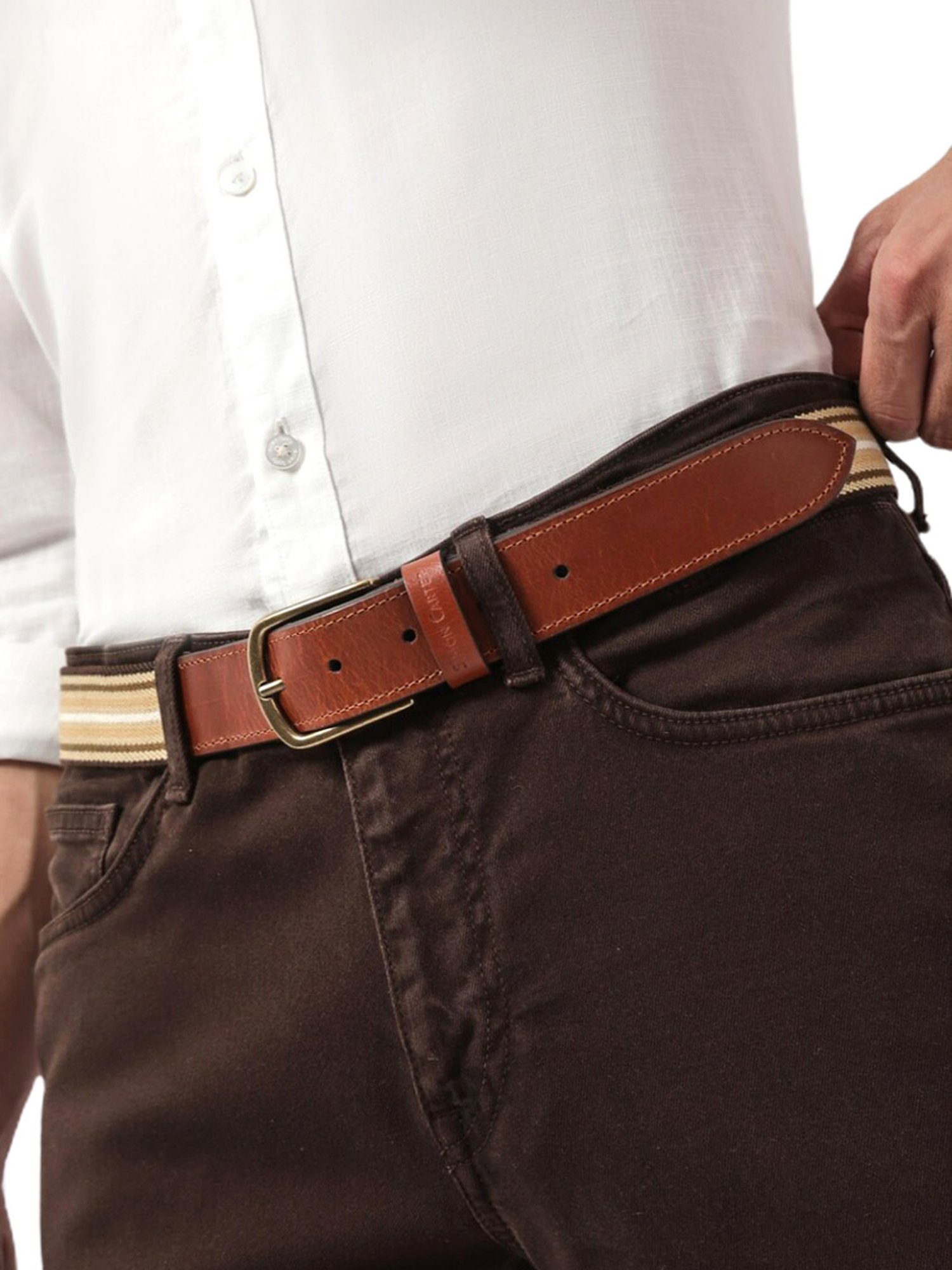 Simon Carter Beige Leather Striped Casual Belt for Men