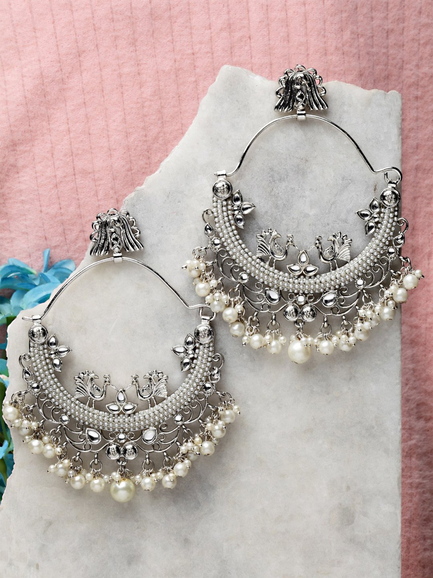 Karatcart Oxidized Silver Embellished Kundan and Pearl Large Chand Bali Earrings for Women