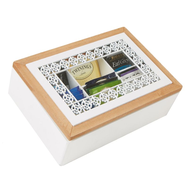 MIND READER Tea Bag Sorter and Organizer [Glass Window Wood Pattern | 6 Compartments] (WHITE)