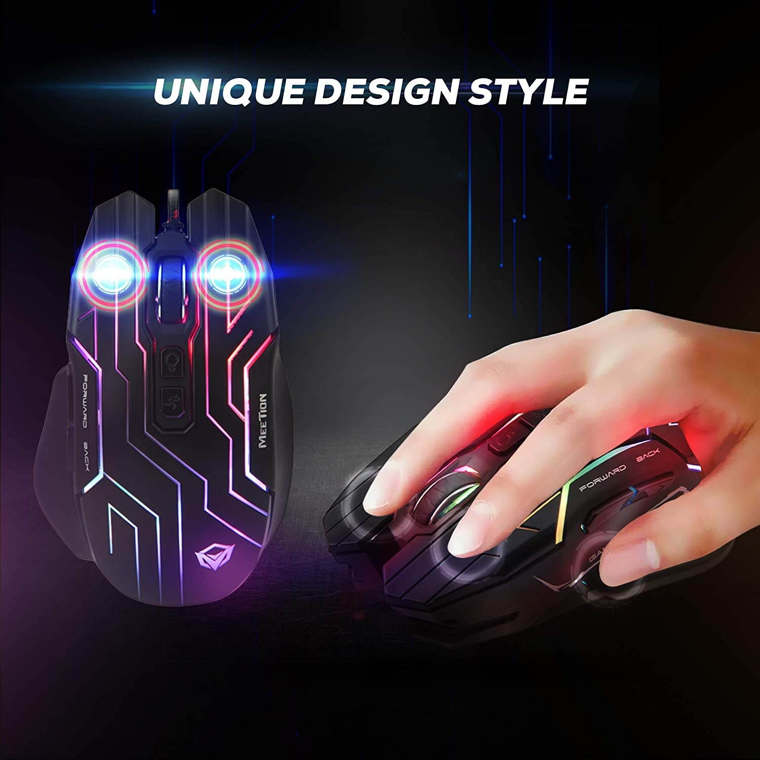 Meetion Gaming Mouse Lightweight with 6 Buttons 200-4800 DPI 3D Anti-Slip Roller Computer Mice RGB Gamer Desktop Laptop PC Gaming Mouse