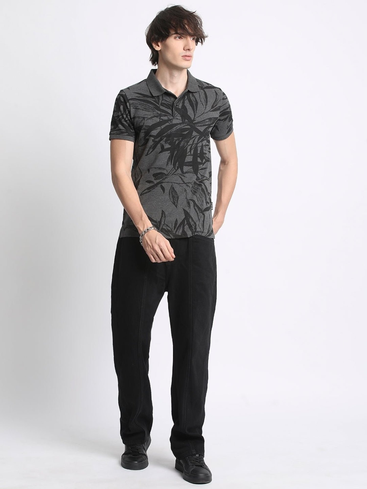 The Bear House Grey Cotton Regular Fit Printed Polo T-Shirt